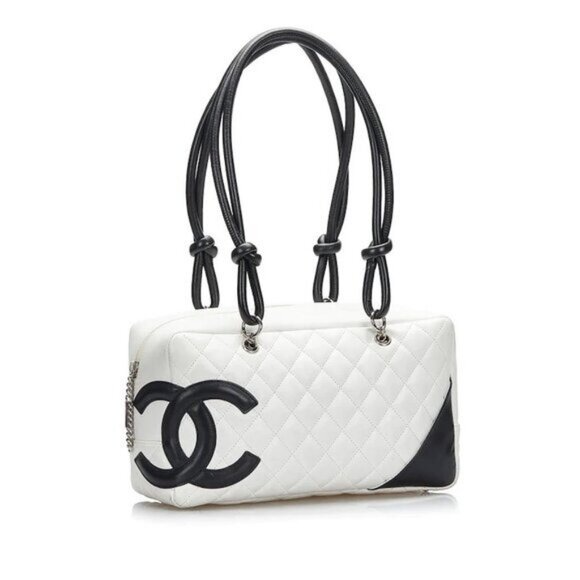 Authentic CHANEL Cambon Quilted Ligne Shoulder Bowling Bowler Bag Tote White - Picture 1 of 12